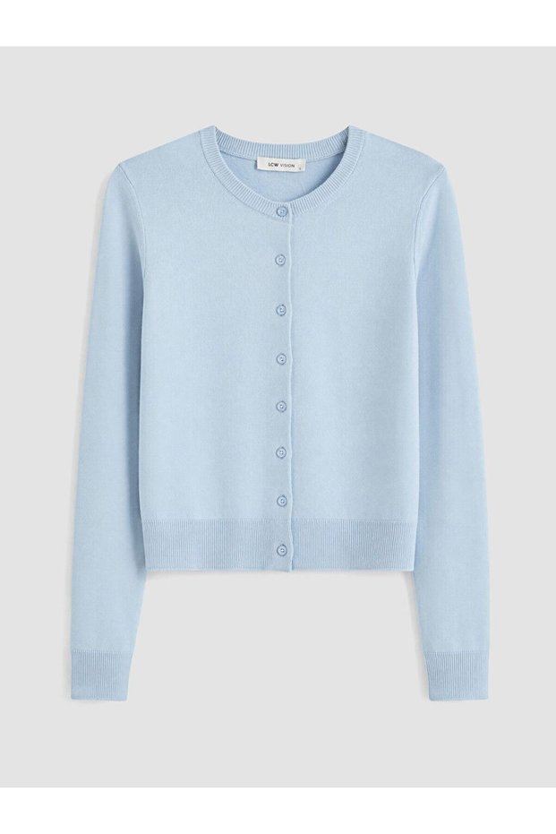 Lcw Vision Blue Crew Neck Long Sleeve Women's Knitwear Cardigan