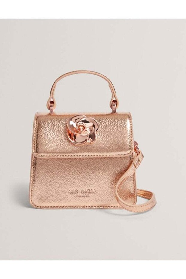 Rose Detail Mini Metallic Top Handle Bag