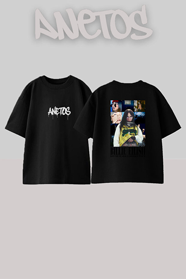 تي شيرت أسود كبير الحجم مطبوع بتصميم Billie Eilish_112 للجنسين