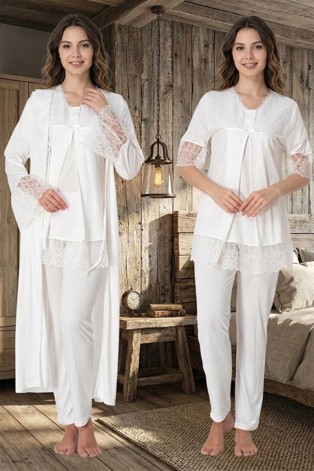 100% Cotton Maternity Pajama Set with Easy Breastfeeding Feature and Dressing Gown