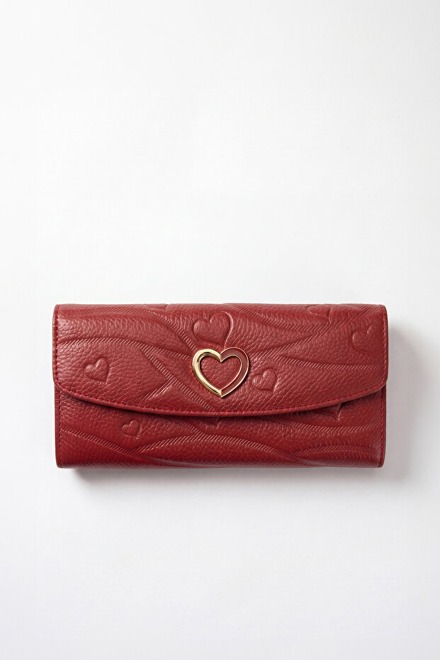 Heart Patterned Burgundy Genuine Leather Large Size Women's Wallet Lv910099