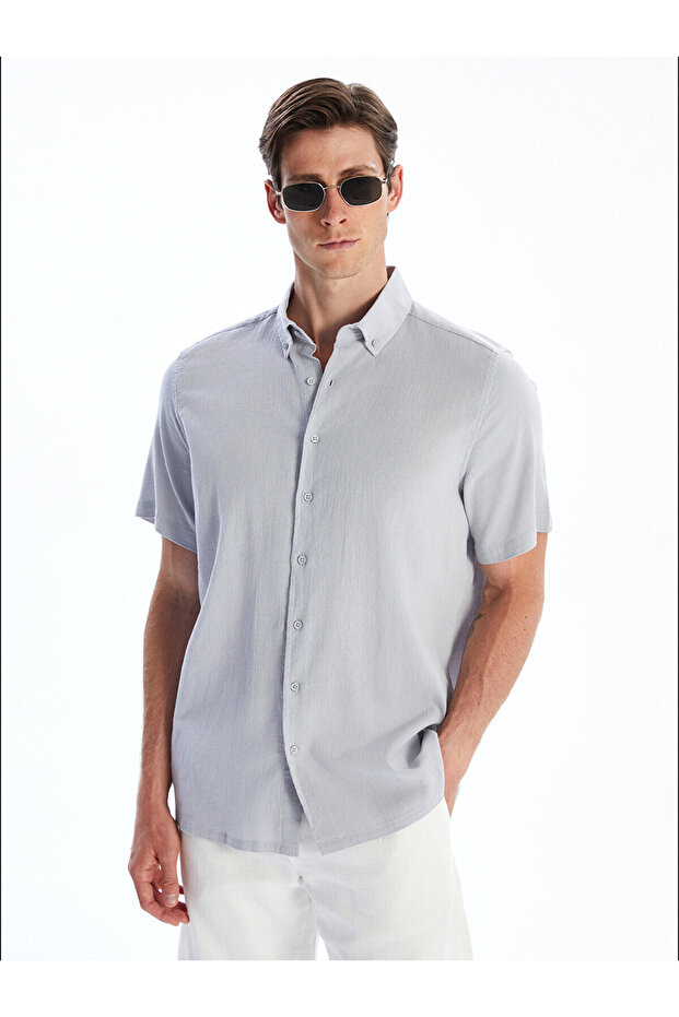 Nevavm Regular Fit Short Sleeve Linen Look Men's Shirt with Difference