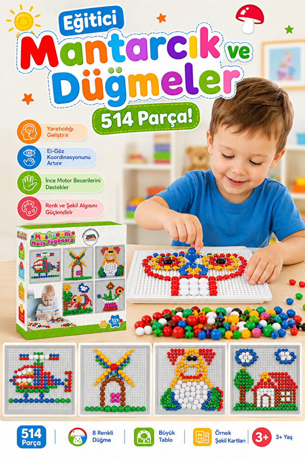 Educational Mushrooms and Buttons 514 Piece Mosaic Nails Pegboard Set Ages 3+