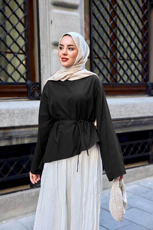 Women's Tie-Waist Skirt Top Blouse Black