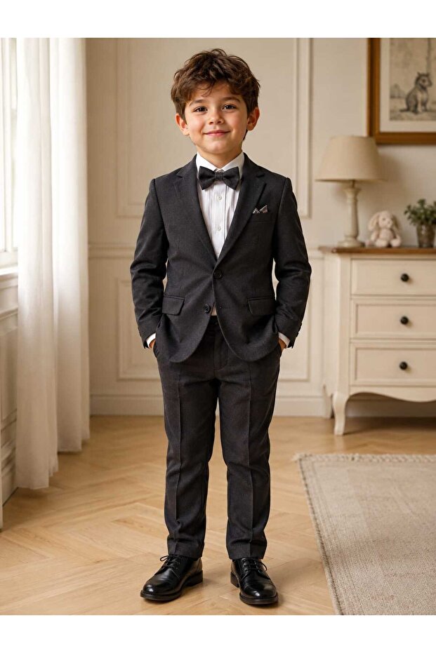 Boys' Smoked Cotton Jacket Suit with Shirt and Bow Tie 4-Piece Set