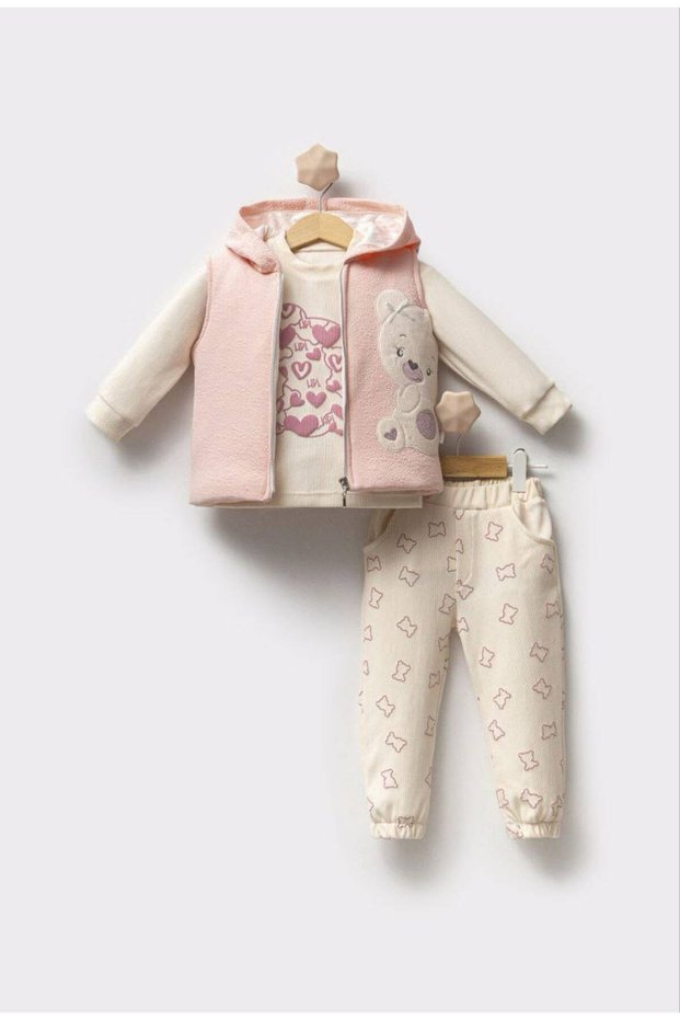 3-Piece Girls' Set with Bear Patterned Fiber Vest