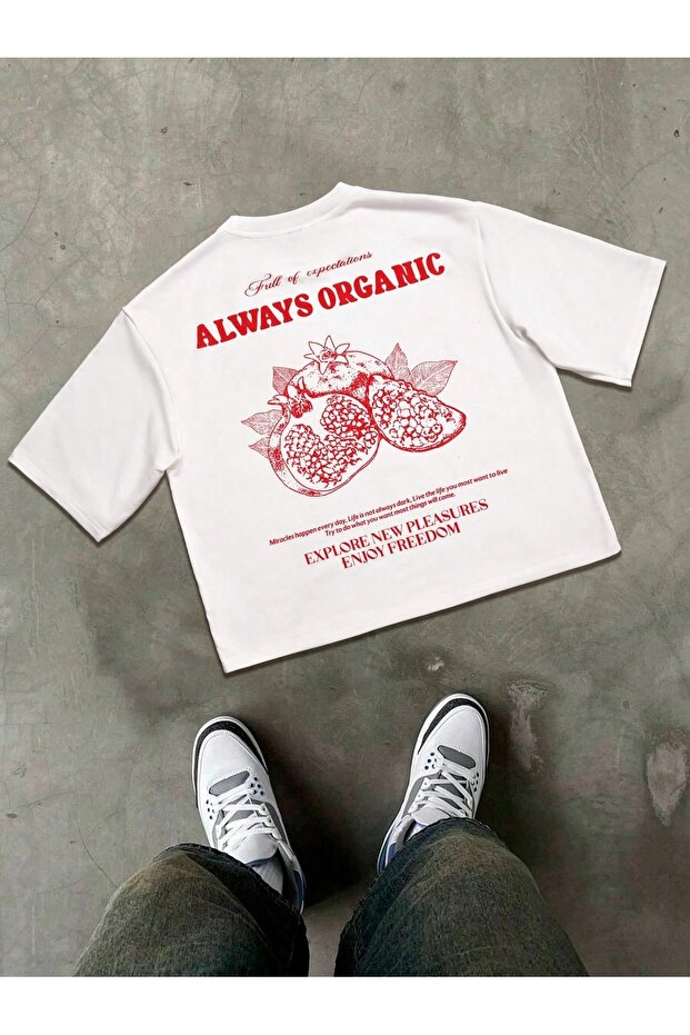 Always Organic Printed White Oversize Unisex T-Shirt Basic Comfortable Fit Daily Tshirt