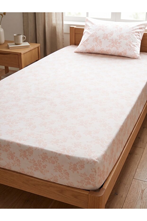 Makiteks 100% Cotton Crispy Floral 120X200 Single Fitted Sheet Bohemian Style Natural Plant Pattern