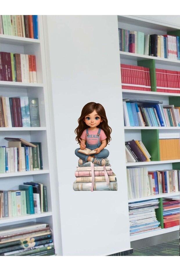 Cute Girl Image on Books, School, Children's Room, Glass, Wall Sticker; 50 X 97 cm