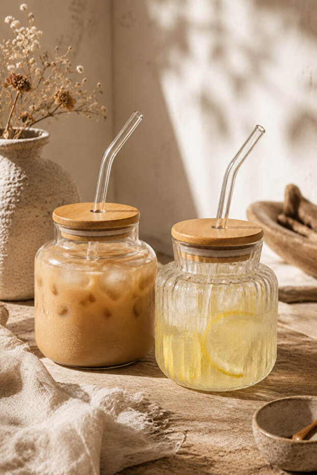 2-Piece Bamboo Lid Glass Jar Cup with Straw for Cold Coffee and Lemonade - 380ml
