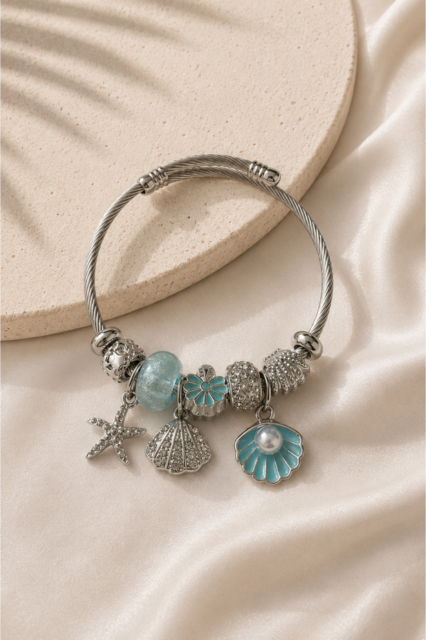 Women's Silver Color Steel Charm Bracelet Adjustable Bracelet with Starfish, Seashell, Pearl and Turquoise Detail