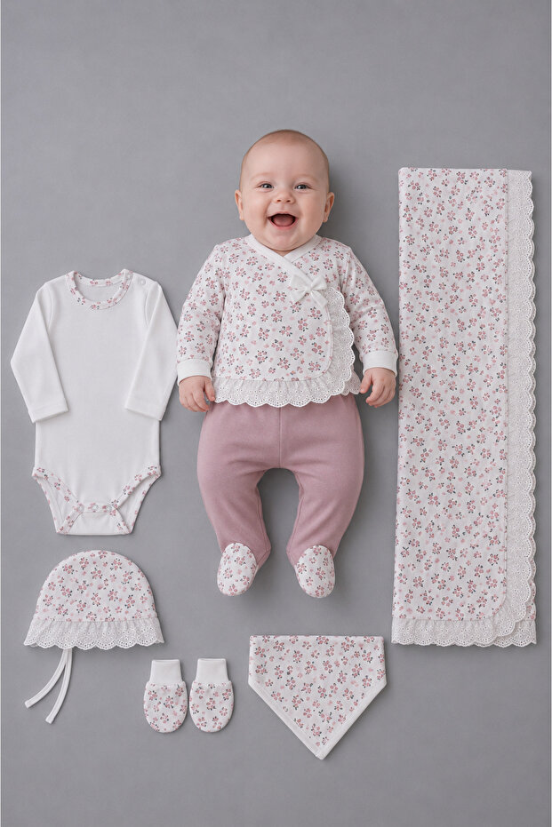Floral Patterned 7 Piece Newborn Hospital Discharge Set with Blanket, 100% Cotton