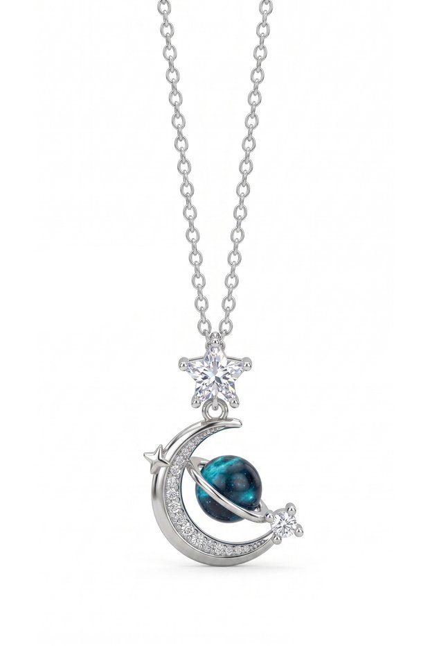 Women's Silver Color Tarnish Resistant Steel Moon Earth and Star Stone Necklace