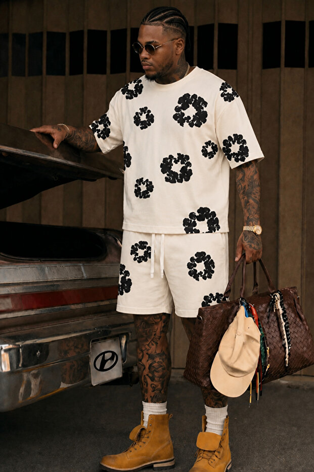 Men's Patterned Shorts Set Crew Neck Oversize T-Shirt Shorts Combination 100% Cotton Summer Two-Piece Set