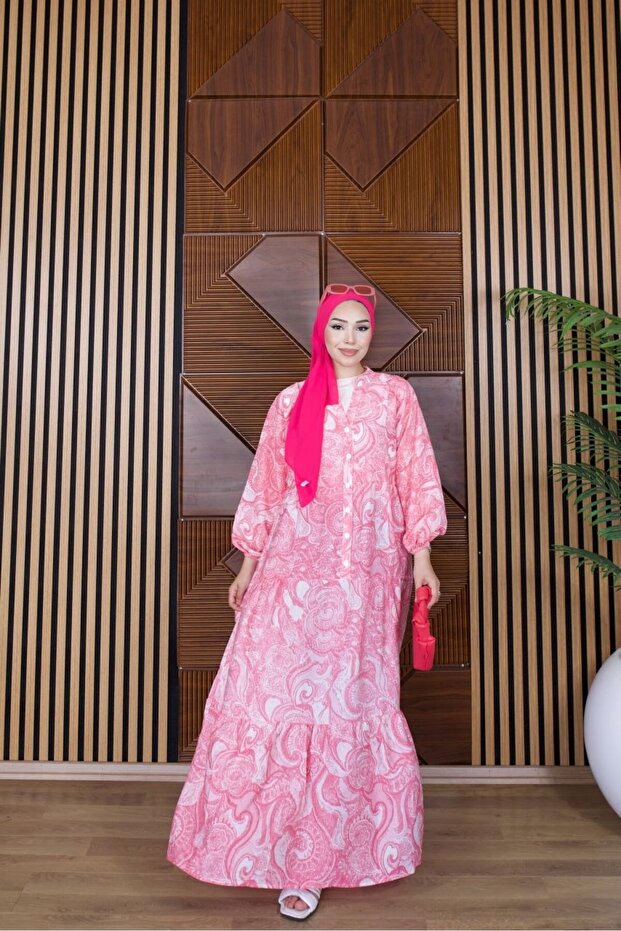 Paisley Patterned Buttoned Layered Dress Light Pink