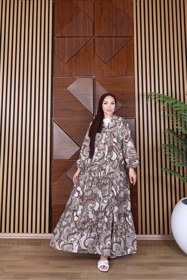Paisley Patterned Buttoned Layered Dress Brown
