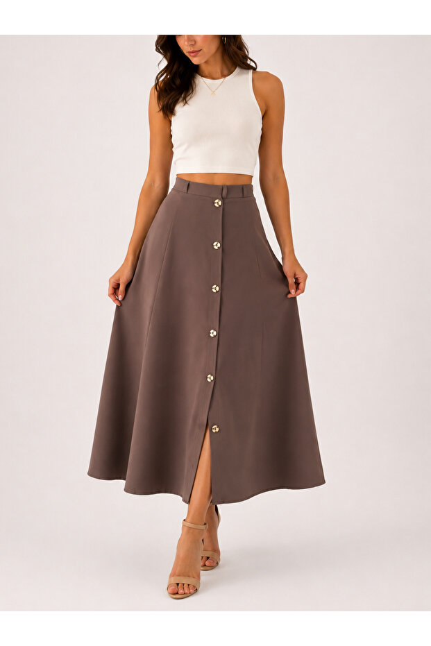 Six-Piece Mink Woven Skirt with Button Detail