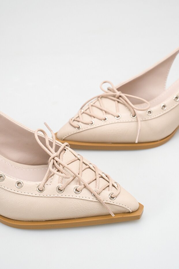 Beige Lace-Up Open-Back Pointed Toe Design Heeled Shoes