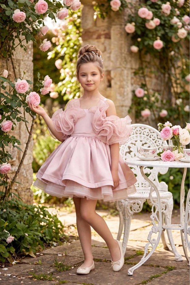 Girl's Evening Dress Powder Satin Layered Fluffy Princess Flounce Evening Dress 5-10 Years Old