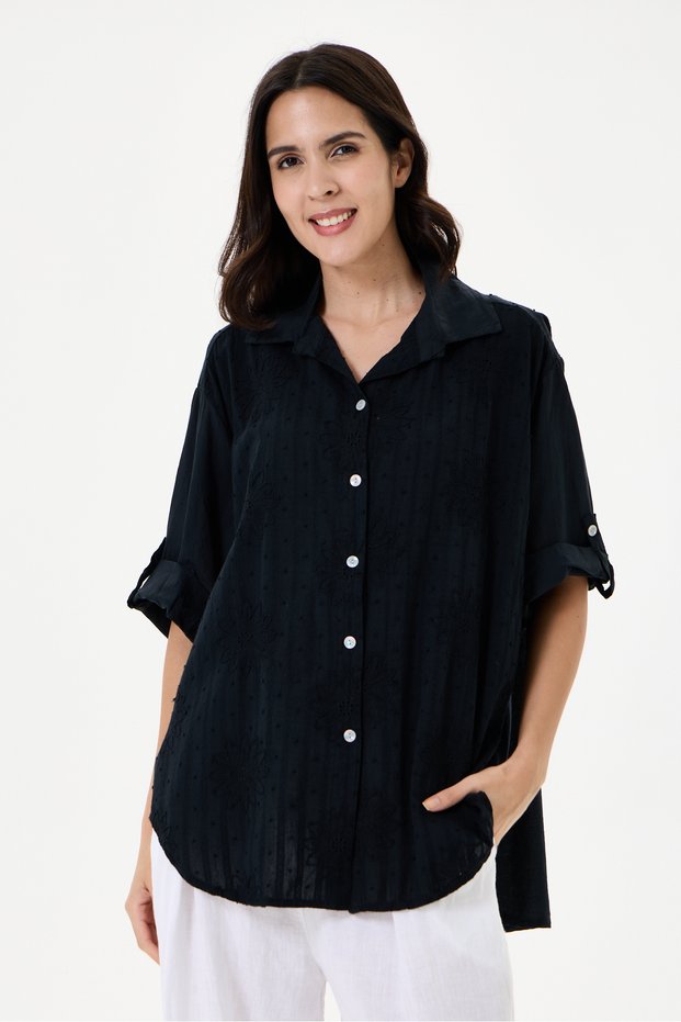 Women's Black Italian Floral Embroidered Scalloped Oversize Poplin Shirt Size 40 - 46