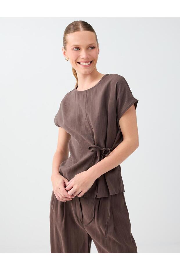 Bitter Brown Round Neck Modal Blouse with Tie Detail