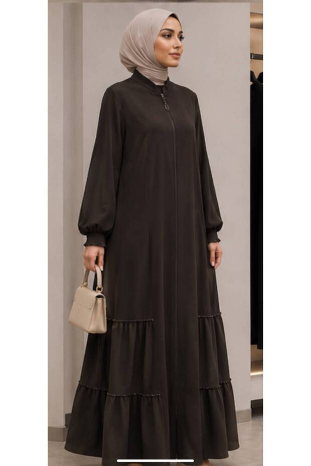 2315 Women's Zippered Layered Volan Detail Standing Collar Seasonal Ferace