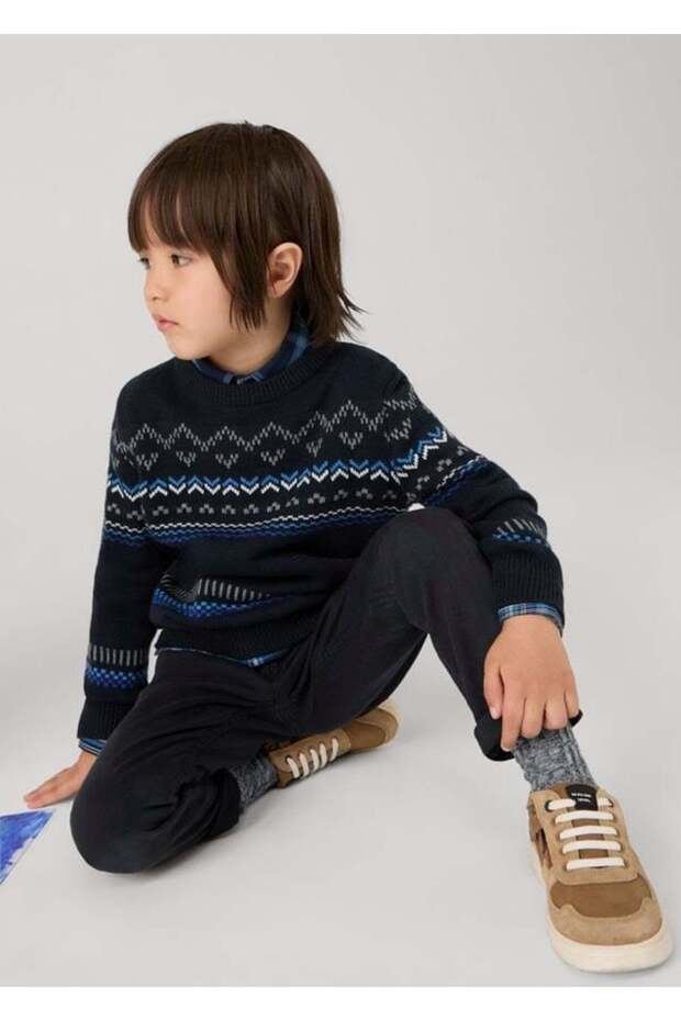 Boy's Jacquard Patterned Crew Neck Knitwear Sweater 2-10 Years Dark Blue