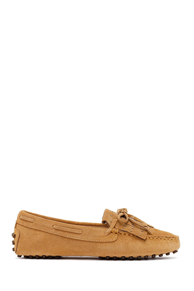 Women's Camel Tasseled Suede Leather Loafer 26Pfd291010