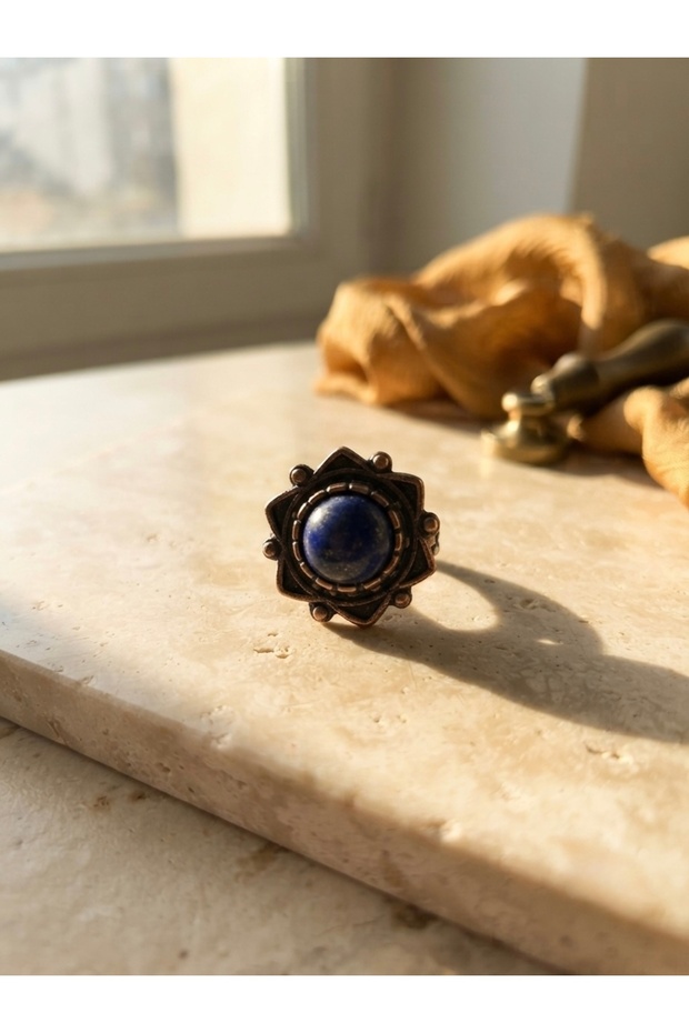 Authentic Star-Shaped Copper Body Adjustable Ring with Lapis Lazuli Natural Stone