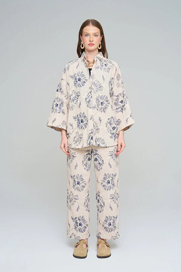 Cream Blue Large Floral Patterned Shirt & Wide Leg Pants Set