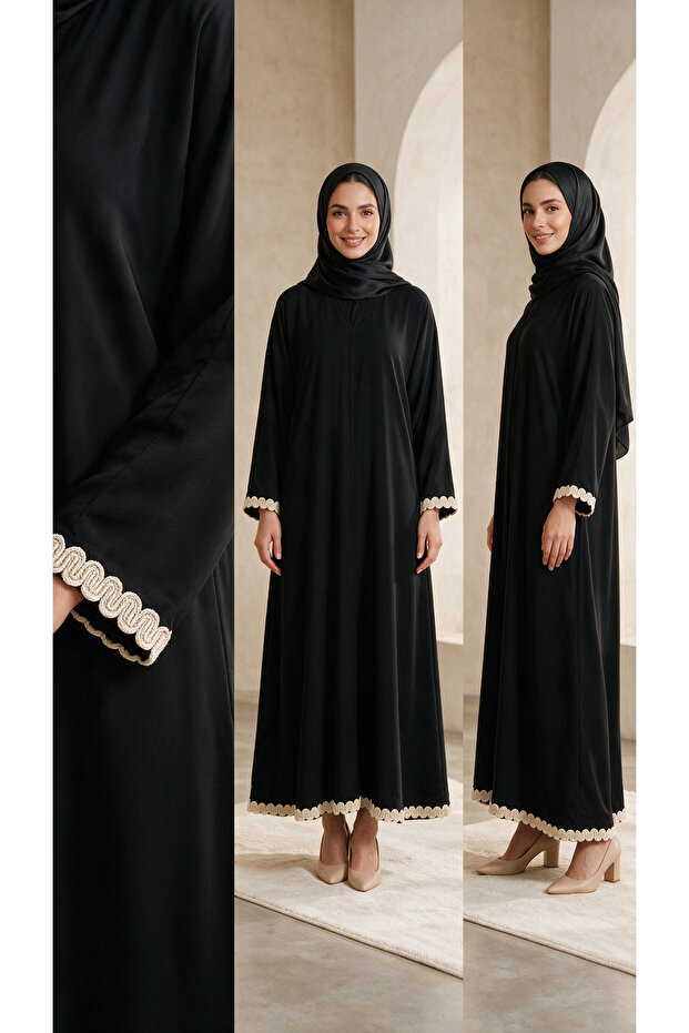 Women's Black Embroidered Kaftan Abaya with Gold Trim