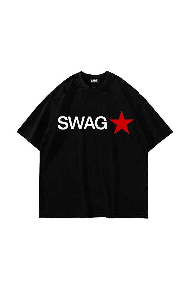تي شيرت أسود كبير الحجم مطبوع عليه Swag Star