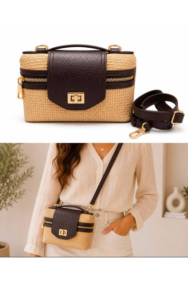 Women's Bitter Brown Straw Trend Stylish Design Hand and Shoulder Bag