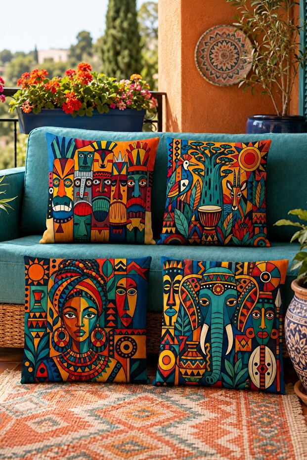 Colorful African Themed Patterned 4-Piece Throw Pillow Cover Set