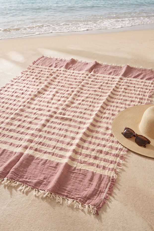 2-Layered Striped Tasseled Multi-Purpose Muslin Peshtemal Beach and Bath Peshtemal 100 X 170 cm