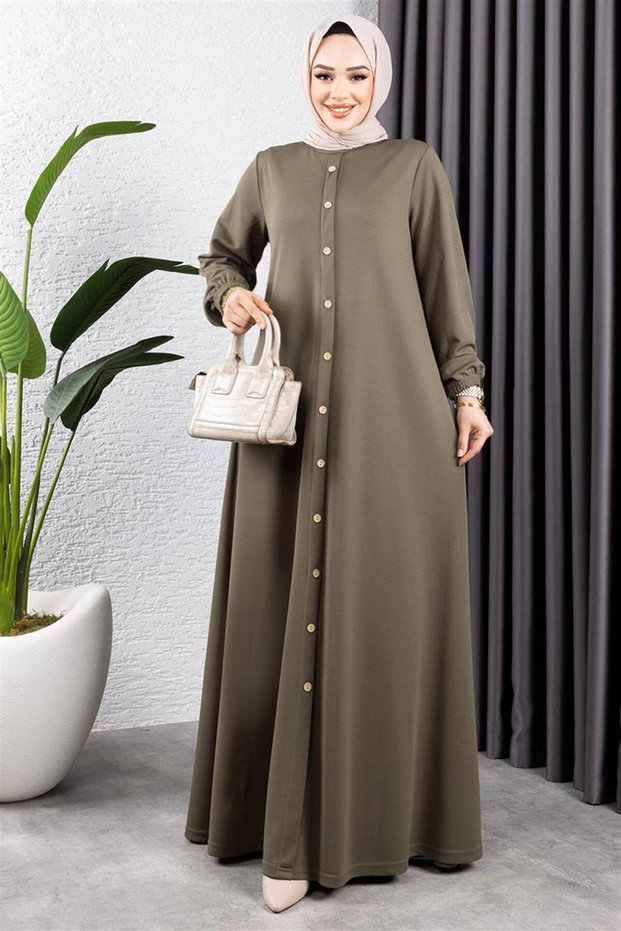 Button Detailed Belted Dress Khaki