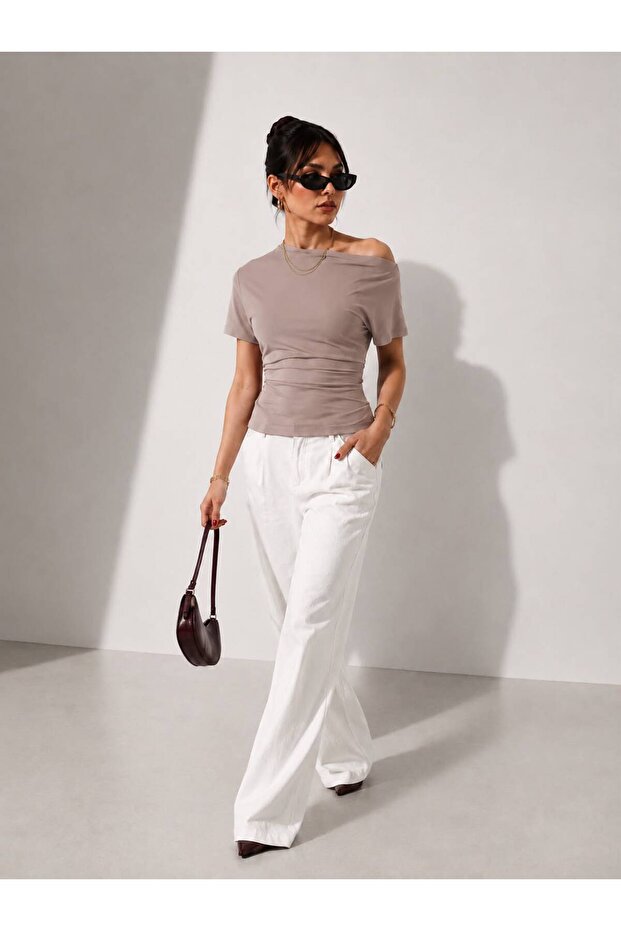 Boat Neck Off-Shoulder Draped Bat Sleeve T-Shirt\Blouse\Top