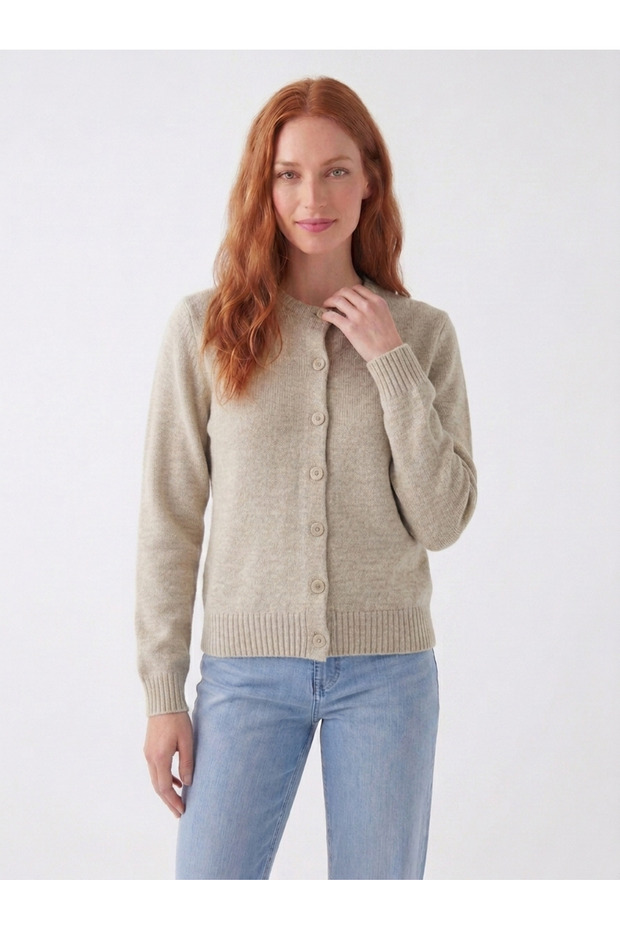 Women's Crew Neck Buttoned Beige Knitwear Cardigan