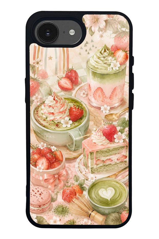 iPhone 16E Blush Matcha Garden Design Glossy Phone Case