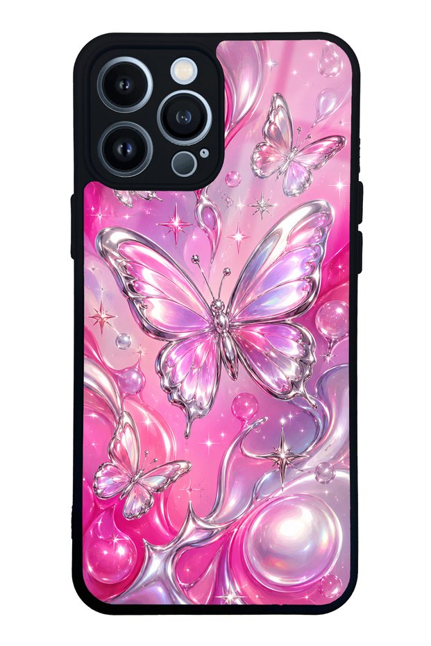 iPhone 13 Pro Max Pink Prism Butterfly Design Glossy Phone Case