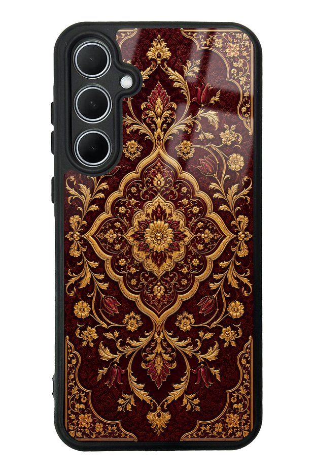 Samsung A35 Burgundy Glossy Phone Case with Ottoman Gold Design