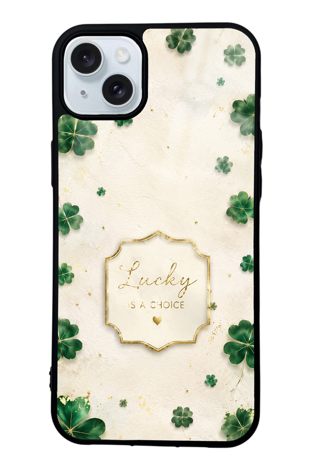 iPhone 15 Plus Ivory Lucky Clover Design Glossy Phone Case