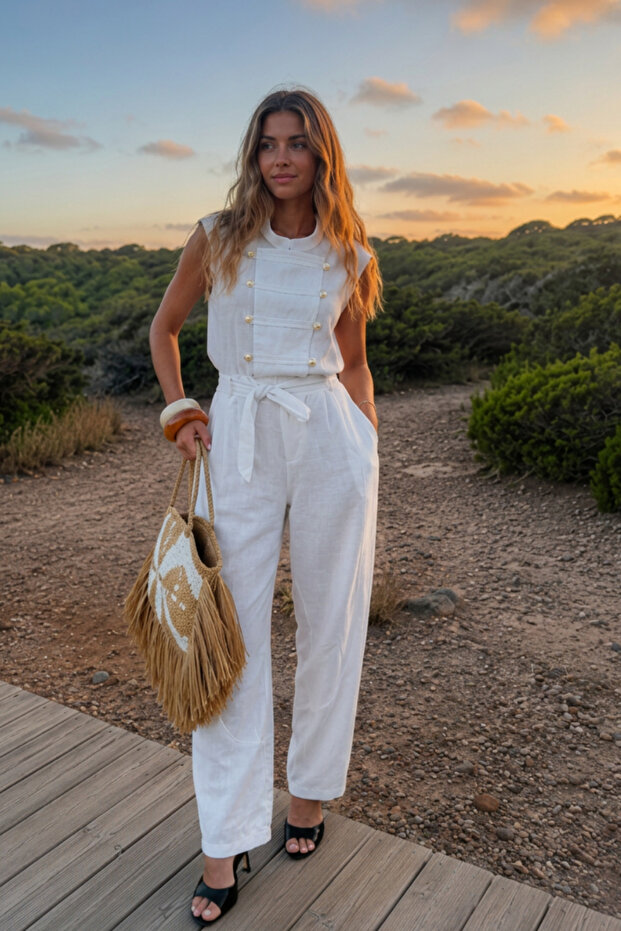 Gold Button Detailed Belted Women's Jumpsuit 1432