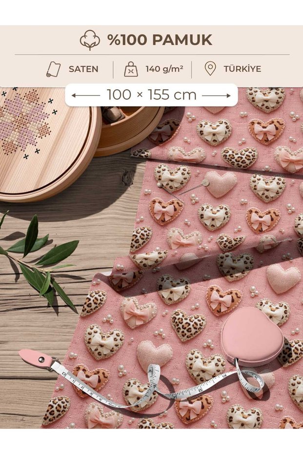 100% Cotton Satin Fabric Digital Printed Heart and Bow Pattern 100X155 cm for Sewing Patchwork and Hobby