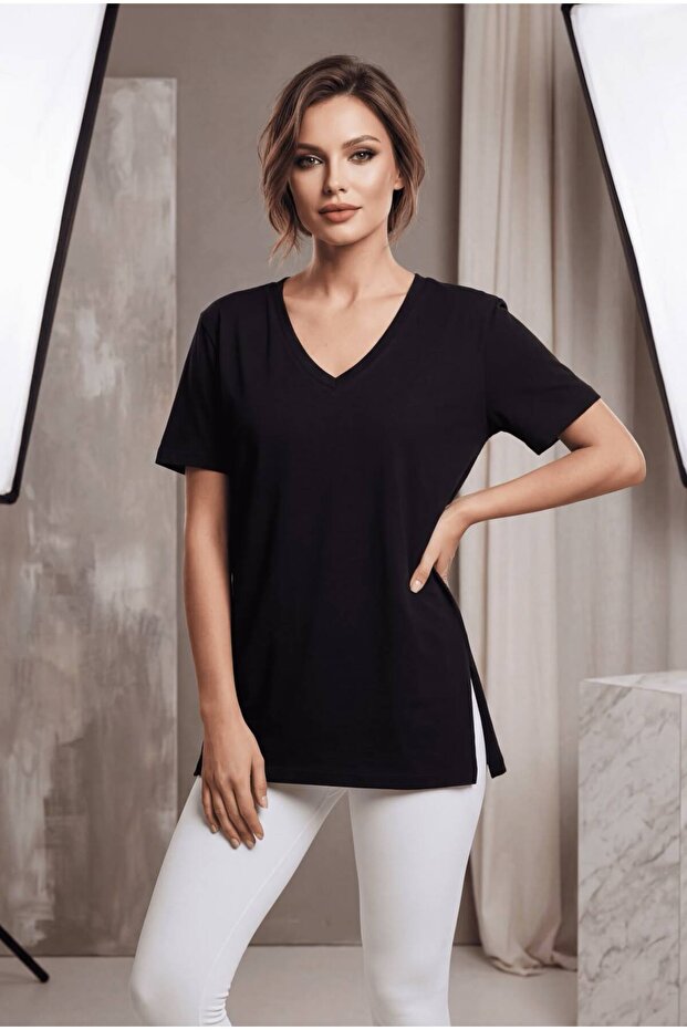 Black V-Neck Basic Women's T-Shirt 100% Cotton Side Slits Short Sleeve Casual Comfortable Cut