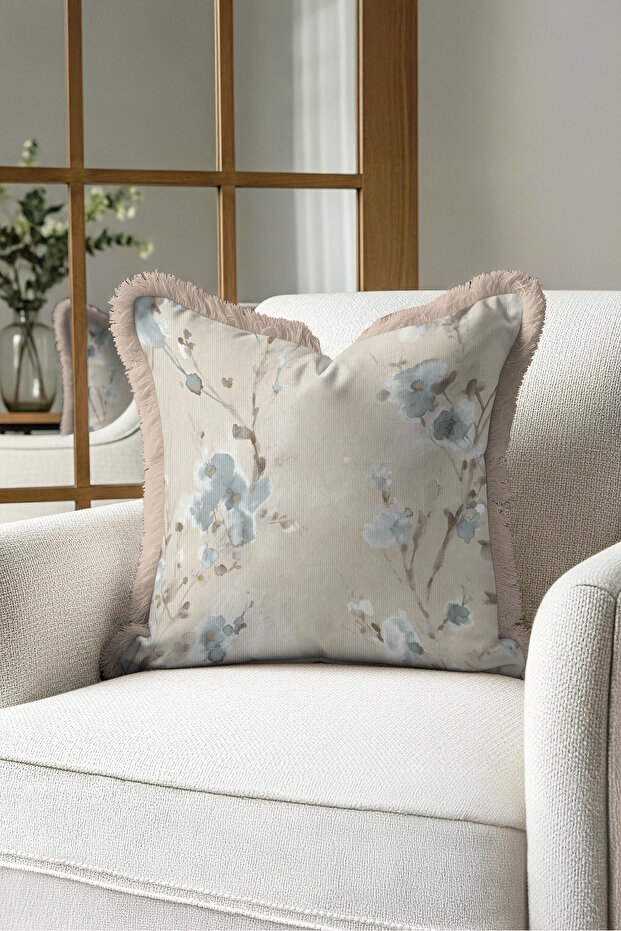 Floral Pastel Floral Fringe Pillowcase - Romantic Botanical Blue Mink Tassel Throw Pillow Cover