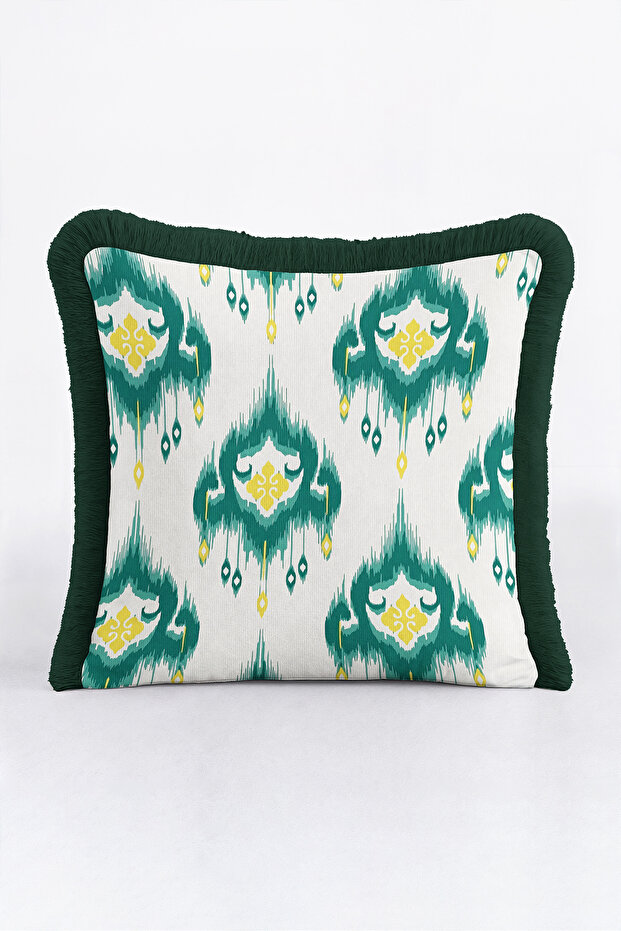 Ethnic Ikat Design Fringed Pillowcase - Authentic Anatolian Modern Black Tassel Throw Pillow Cover