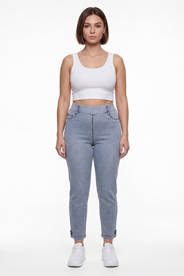 Women's Navy Blue Summer High-Waisted Trousers with Embroidered Cuffs and Pockets 42-48