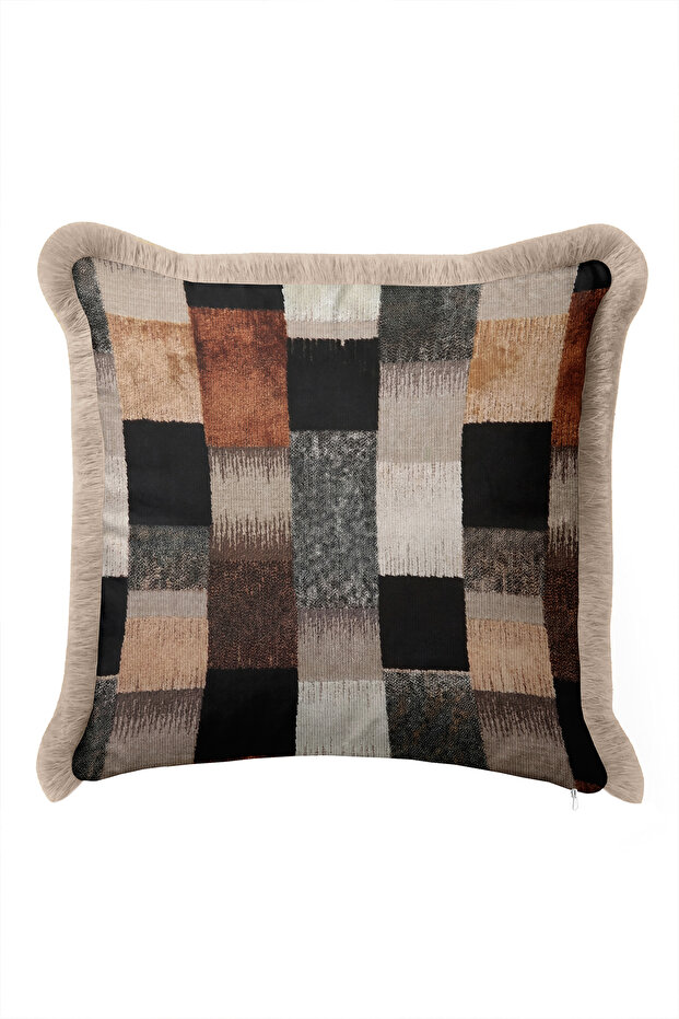 Geometric Patchwork Fringed Pillowcase-Abstract Ethnic Bohemian Coffee Gray Mink Tassel Throw Pillow Cover