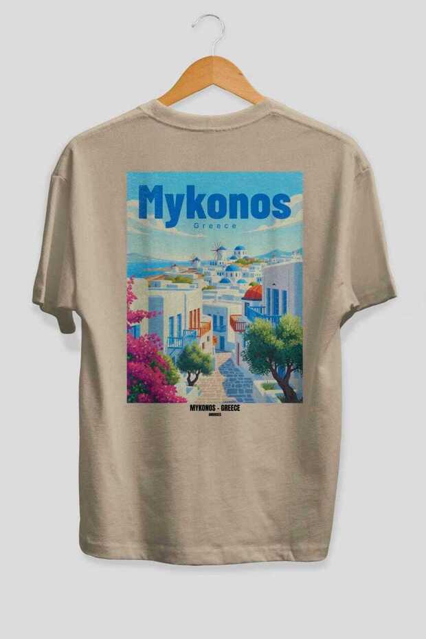 Mykonos Greece Beige Oversize Country City Back Printed Unisex T-Shirt 100% Cotton Premium